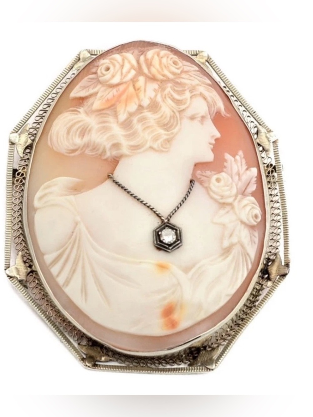 Rare Antique Art Deco XLARGE 14k Gold Framed Cameo Diamond Pendant Brooch 19.2 g